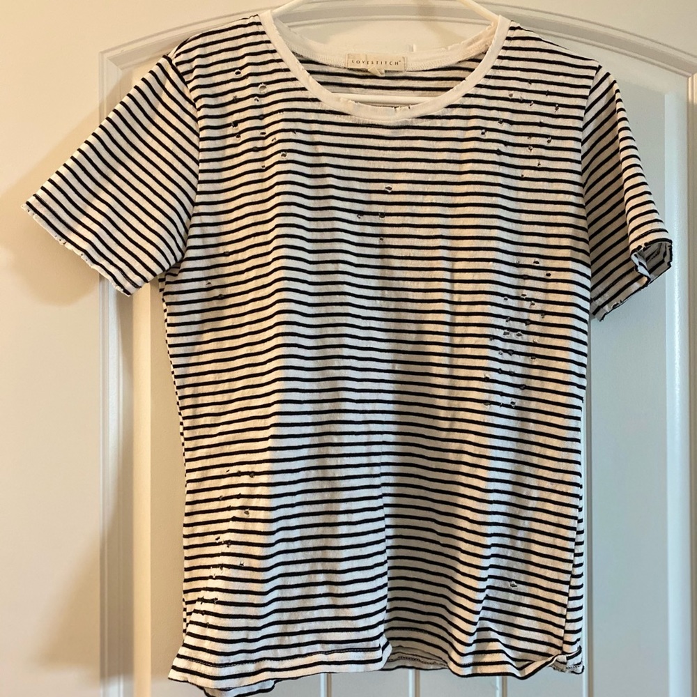 Distressed Black and White Striped T-Shirt